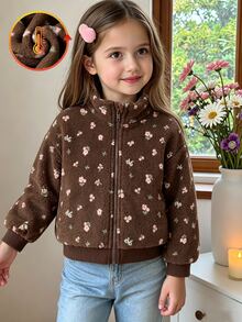 Young Girls Sweet Vintage Floral Fuzzy Zip-Up Jacket, Suitable For Daily Casual Outings, Spring/Autumn/Winter - Brown - View 8