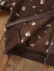Young Girls Sweet Vintage Floral Fuzzy Zip-Up Jacket, Suitable For Daily Casual Outings, Spring/Autumn/Winter - Brown - View 3
