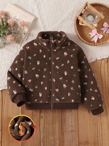 Young Girls Sweet Vintage Floral Fuzzy Zip-Up Jacket, Suitable For Daily Casual Outings, Spring/Autumn/Winter - Brown - View 4