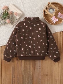 Young Girls Sweet Vintage Floral Fuzzy Zip-Up Jacket, Suitable For Daily Casual Outings, Spring/Autumn/Winter - Brown - View 2