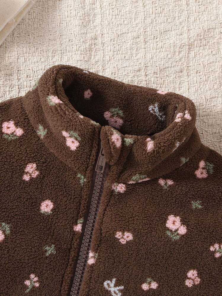 Young Girls Sweet Vintage Floral Fuzzy Zip-Up Jacket, Suitable For Daily Casual Outings, Spring/Autumn/Winter - Brown - View 6