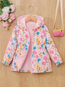 SHEIN Elladie kids 少女花卉印花連帽外套，內層抓絨，前拉鍊收腰外套，適合秋季 - 粉色 - 查看 6