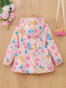 SHEIN Elladie kids 少女花卉印花連帽外套，內層抓絨，前拉鍊收腰外套，適合秋季 - 粉色 - 查看 2