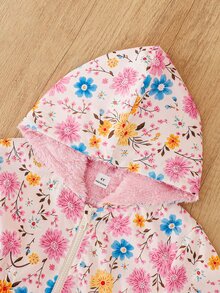 SHEIN Elladie kids 少女花卉印花連帽外套，內層抓絨，前拉鍊收腰外套，適合秋季 - 粉色 - 查看 9