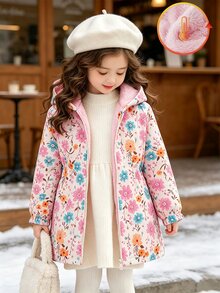 SHEIN Elladie kids 少女花卉印花連帽外套，內層抓絨，前拉鍊收腰外套，適合秋季 - 粉色 - 查看 1