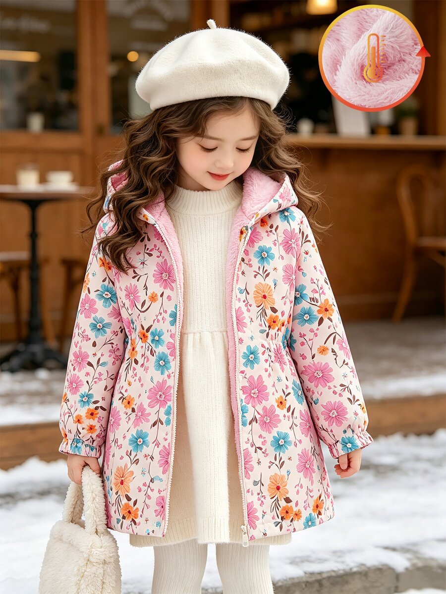 SHEIN Elladie kids 少女花卉印花連帽外套,內層抓絨,前拉鍊收腰外套,適合秋季 - 粉色 - 查看 1
