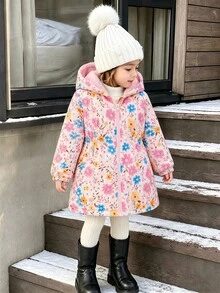 SHEIN Elladie kids 少女花卉印花連帽外套，內層抓絨，前拉鍊收腰外套，適合秋季 - 粉色 - 查看 4