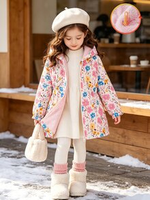 SHEIN Elladie kids 少女花卉印花連帽外套，內層抓絨，前拉鍊收腰外套，適合秋季 - 粉色 - 查看 3