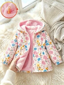 SHEIN Elladie kids 少女花卉印花連帽外套，內層抓絨，前拉鍊收腰外套，適合秋季 - 粉色 - 查看 13