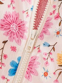 SHEIN Elladie kids 少女花卉印花連帽外套，內層抓絨，前拉鍊收腰外套，適合秋季 - 粉色 - 查看 5