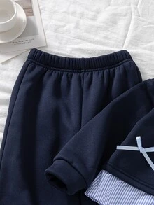 Genkimix Kids 2件組女童韓系嬰兒寬鬆花卉印花蝴蝶結裝飾衛衣 冬季幼兒生日 白色紫色 7歲生日 - 藏蓝色 - 查看 4