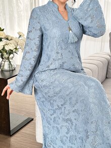 Al Najma Haze Blue Lace Stand Collar Long Robe Dress, Straight Long Sleeve Middle Eastern Muslim Abaya Dress - Dusty Blue - View 4