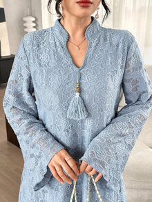 Al Najma Haze Blue Lace Stand Collar Long Robe Dress, Straight Long Sleeve Middle Eastern Muslim Abaya Dress - Dusty Blue - View 1