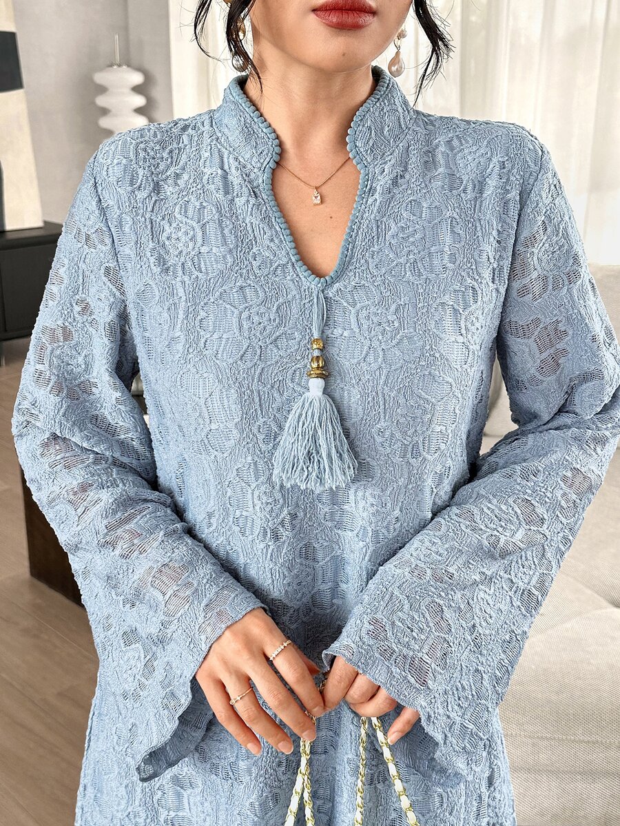 Al Najma Haze Blue Lace Stand Collar Long Robe Dress, Straight Long Sleeve Middle Eastern Muslim Abaya Dress - Dusty Blue - View 1