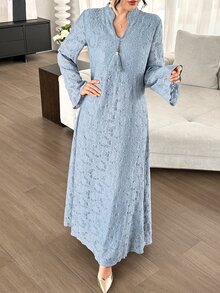 Al Najma Haze Blue Lace Stand Collar Long Robe Dress, Straight Long Sleeve Middle Eastern Muslim Abaya Dress - Dusty Blue - View 6