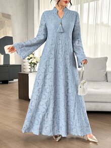 Al Najma Haze Blue Lace Stand Collar Long Robe Dress, Straight Long Sleeve Middle Eastern Muslim Abaya Dress - Dusty Blue - View 7