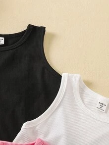 SHEIN 3pcs Young Girl Simple Fashion Versatile Round Neck Casual Tank Tops Summer Holiday Travel School Campus College Beach Black White Baby Pink - Multicolor - View 10