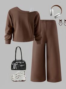 SHEIN 女童溫柔休閒深藍色不對稱肩領蝴蝶結刺繡寬鬆套裝，韓系柔美風格，適合日常穿著、外出、聚會，秋冬款 - 棕色 - 查看 2