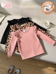 Genkimix Kids 女童荷葉邊豹紋 T-shirt 可愛上衣 Y2K 風格長袖上衣 秋季新款 3 件組 豹紋印花底色 - 彩色 - 查看 5
