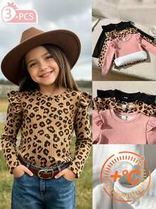 Genkimix Kids 女童荷葉邊豹紋 T-shirt 可愛上衣 Y2K 風格長袖上衣 秋季新款 3 件組 豹紋印花底色 - 彩色 - 查看 3