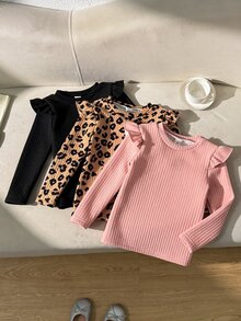 Genkimix Kids 女童荷葉邊豹紋 T-shirt 可愛上衣 Y2K 風格長袖上衣 秋季新款 3 件組 豹紋印花底色 - 彩色 - 查看 6
