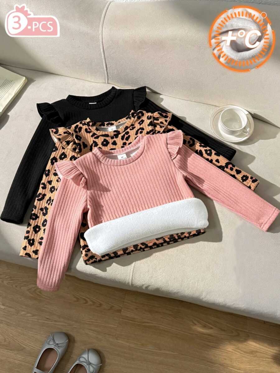 Genkimix Kids 女童荷葉邊豹紋 T-shirt 可愛上衣 Y2K 風格長袖上衣 秋季新款 3 件組 豹紋印花底色 - 彩色 - 查看 1