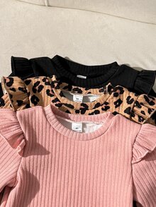 Genkimix Kids 女童荷葉邊豹紋 T-shirt 可愛上衣 Y2K 風格長袖上衣 秋季新款 3 件組 豹紋印花底色 - 彩色 - 查看 8