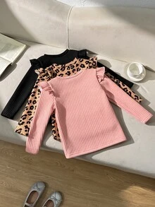 Genkimix Kids 女童荷葉邊豹紋 T-shirt 可愛上衣 Y2K 風格長袖上衣 秋季新款 3 件組 豹紋印花底色 - 彩色 - 查看 2