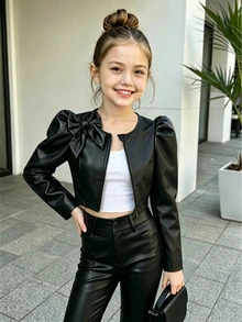 SHEIN Elladie kids 1件女童短版酷感拉鍊襯衫長袖夾克，適合旅行、街頭穿搭、派對、音樂節、學校及各種場合，秋季穿著 - 黑色 - 查看 4