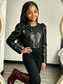 SHEIN Elladie kids 1件女童短版酷感拉鍊襯衫長袖夾克，適合旅行、街頭穿搭、派對、音樂節、學校及各種場合，秋季穿著 - 黑色 - 查看 8