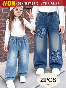 SHEIN Elladie kids Young Girl Fresh Sweet Style Elastic Waist Gradient Tencel Printed Wide Leg Pants, 2 Styles Available: 3D Frayed Large Flower Print And - Blue - View 5