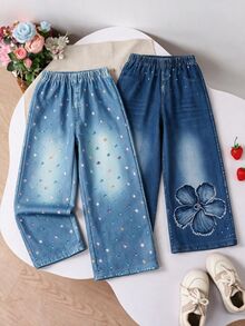 SHEIN Elladie kids Young Girl Fresh Sweet Style Elastic Waist Gradient Tencel Printed Wide Leg Pants, 2 Styles Available: 3D Frayed Large Flower Print And - Blue - View 4
