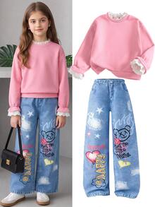 SHEIN 青少年女孩蕾絲荷葉邊假兩件式衛衣，抓絨內裡長袖套頭衫，領口與袖口蕾絲飾邊，休閒日常上衣 - 西瓜粉 - 查看 5