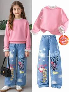 SHEIN 青少年女孩蕾絲荷葉邊假兩件式衛衣，抓絨內裡長袖套頭衫，領口與袖口蕾絲飾邊，休閒日常上衣 - 西瓜粉 - 查看 4