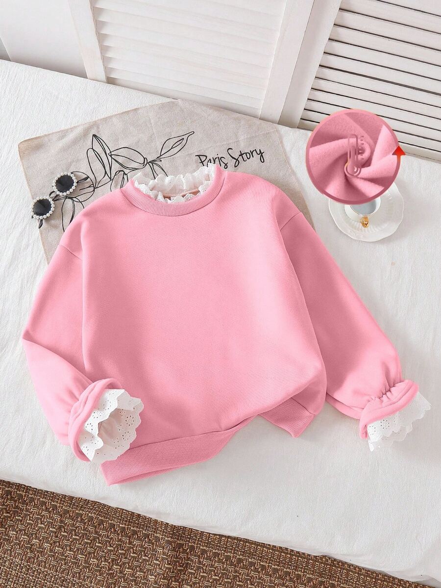SHEIN 青少年女孩蕾絲荷葉邊假兩件式衛衣，抓絨內裡長袖套頭衫，領口與袖口蕾絲飾邊，休閒日常上衣