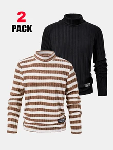 2pcs Boys T-Shirt Set, Autumn New Boys Half-High Neck Ribbed Long Sleeve Base Layer, Vintage Brown White Ribbed & Solid Inner Layer T-Shirt, Soft Skin-Friendly Elastic Knit Fabric, Small Medium Tween Boy Campus Commute Layering Basic Top, Simple Letter Logo Casual Long Sleeve Top - Multicolor - View 3