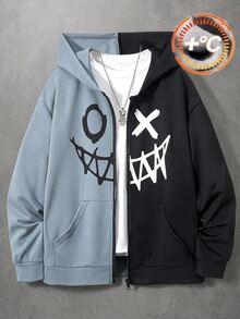 SHEIN Boys Casual Streetwear Hooded Sweatshirt Graffiti Pattern Knit Colorblock Autumn Sweatshirt Halloween School Black And White White - Blue - View 2