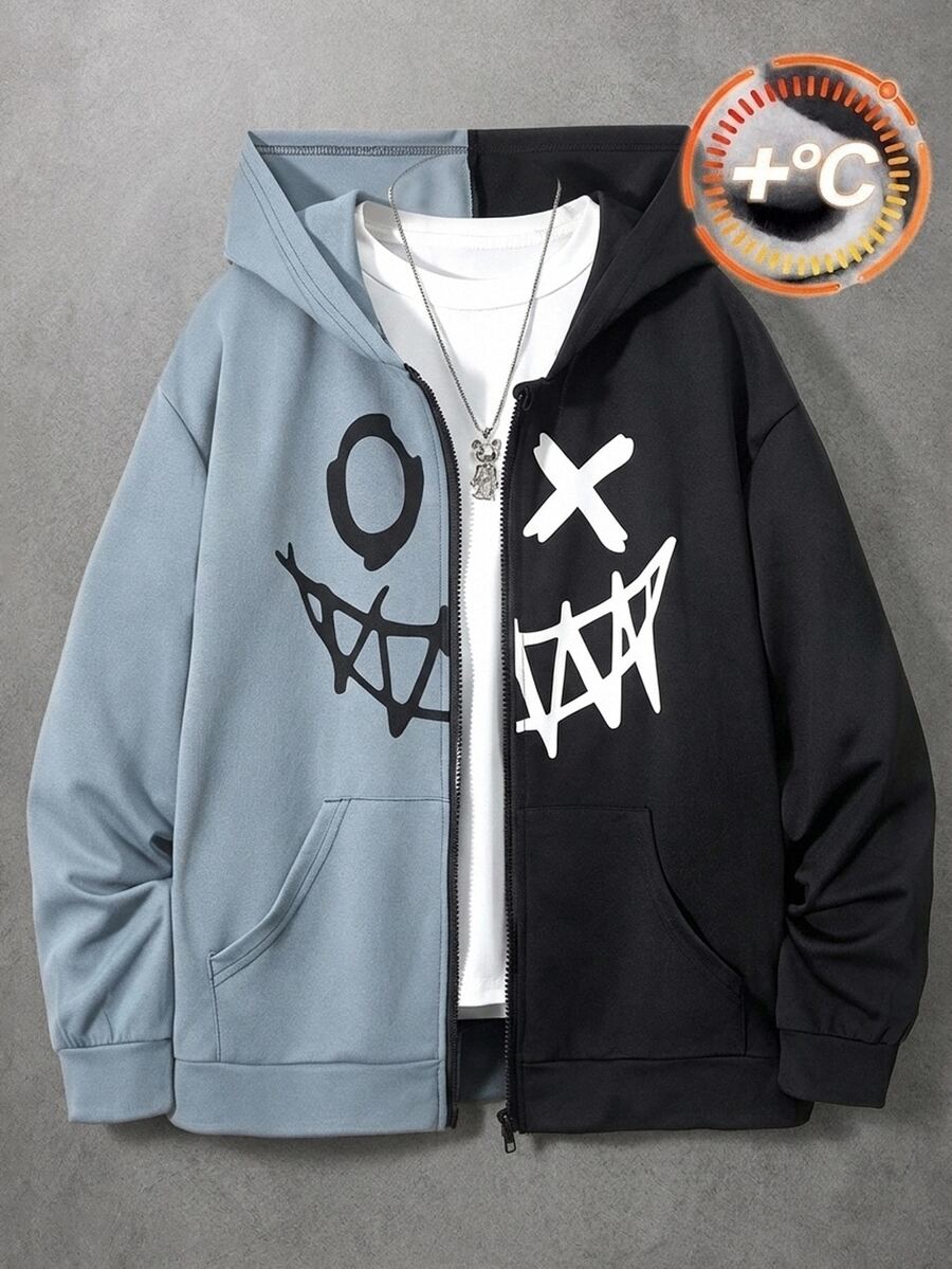 SHEIN Boys Casual Streetwear Hooded Sweatshirt Graffiti Pattern Knit Colorblock Autumn Sweatshirt Halloween School Black And White White