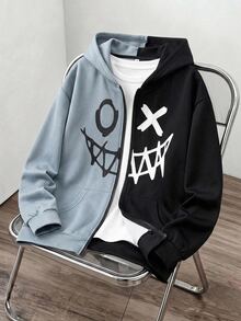 SHEIN Boys Casual Streetwear Hooded Sweatshirt Graffiti Pattern Knit Colorblock Autumn Sweatshirt Halloween School Black And White White - Blue - View 5