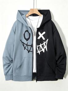 SHEIN Boys Casual Streetwear Hooded Sweatshirt Graffiti Pattern Knit Colorblock Autumn Sweatshirt Halloween School Black And White White - Blue - View 6