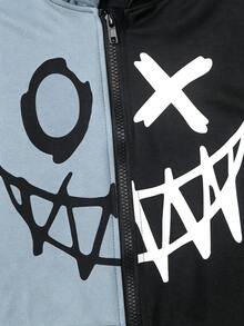 SHEIN Boys Casual Streetwear Hooded Sweatshirt Graffiti Pattern Knit Colorblock Autumn Sweatshirt Halloween School Black And White White - Blue - View 11