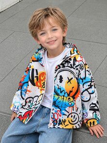 SHEIN 1件男童休閒西式街頭塗鴉印花長袖夾克 時尚休閒設計 適合4-7歲男孩 秋季 白色 - 彩色 - 查看 3