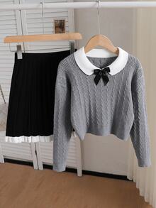 Tween Girl Elegant Grey Cable Knit Sweater And Skirt Set - Grey - View 8