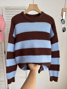 SHEIN 青少年女孩拼色街頭風可愛圓領針織短版套頭毛衣 秋冬寬鬆修身上衣 棕色 適合六年級/畢業舞會 - 彩色 - 查看 6