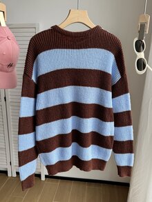 SHEIN 青少年女孩拼色街頭風可愛圓領針織短版套頭毛衣 秋冬寬鬆修身上衣 棕色 適合六年級/畢業舞會 - 彩色 - 查看 3