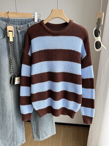 SHEIN 青少年女孩拼色街頭風可愛圓領針織短版套頭毛衣 秋冬寬鬆修身上衣 棕色 適合六年級/畢業舞會 - 彩色 - 查看 5