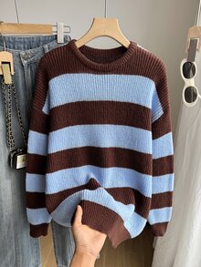 SHEIN 青少年女孩拼色街頭風可愛圓領針織短版套頭毛衣 秋冬寬鬆修身上衣 棕色 適合六年級/畢業舞會 - 彩色 - 查看 9