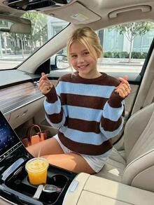 SHEIN 青少年女孩拼色街頭風可愛圓領針織短版套頭毛衣 秋冬寬鬆修身上衣 棕色 適合六年級/畢業舞會 - 彩色 - 查看 2