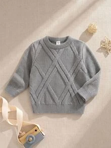 SHEIN Young Boy Solid Color Textured Knit Sweater,Autumn,School Birthday,Back-To-School Casual Everyday Commute Autumn/Winter Kids 3-8 Years Old White - Grey - View 1
