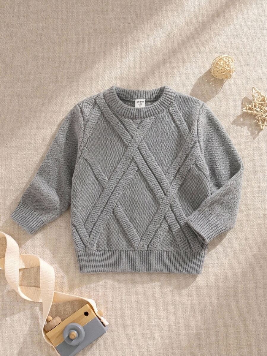 SHEIN Young Boy Solid Color Textured Knit Sweater,Autumn,School Birthday,Back-To-School Casual Everyday Commute Autumn/Winter Kids 3-8 Years Old White - Grey - View 1
